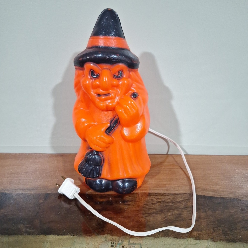 Vintage 80s Halloween Empire Blow Mold Witch & Broom 1981 USA 9.5" with plug